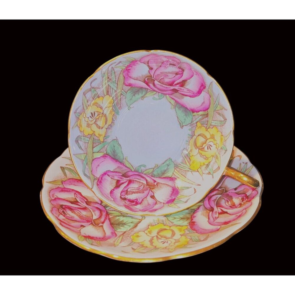85 year old Taylor & Kent Bone China Cup & Sauce Pink Cabbage Rose  & Daffodil A